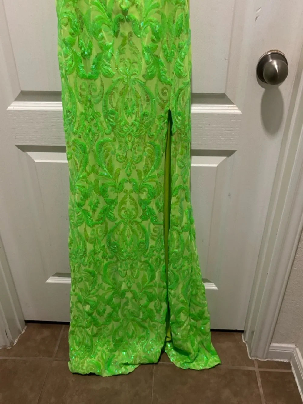 Windsor Neon Green Sequin Cowl Neck Prom Dress - Picture 2 of 4
